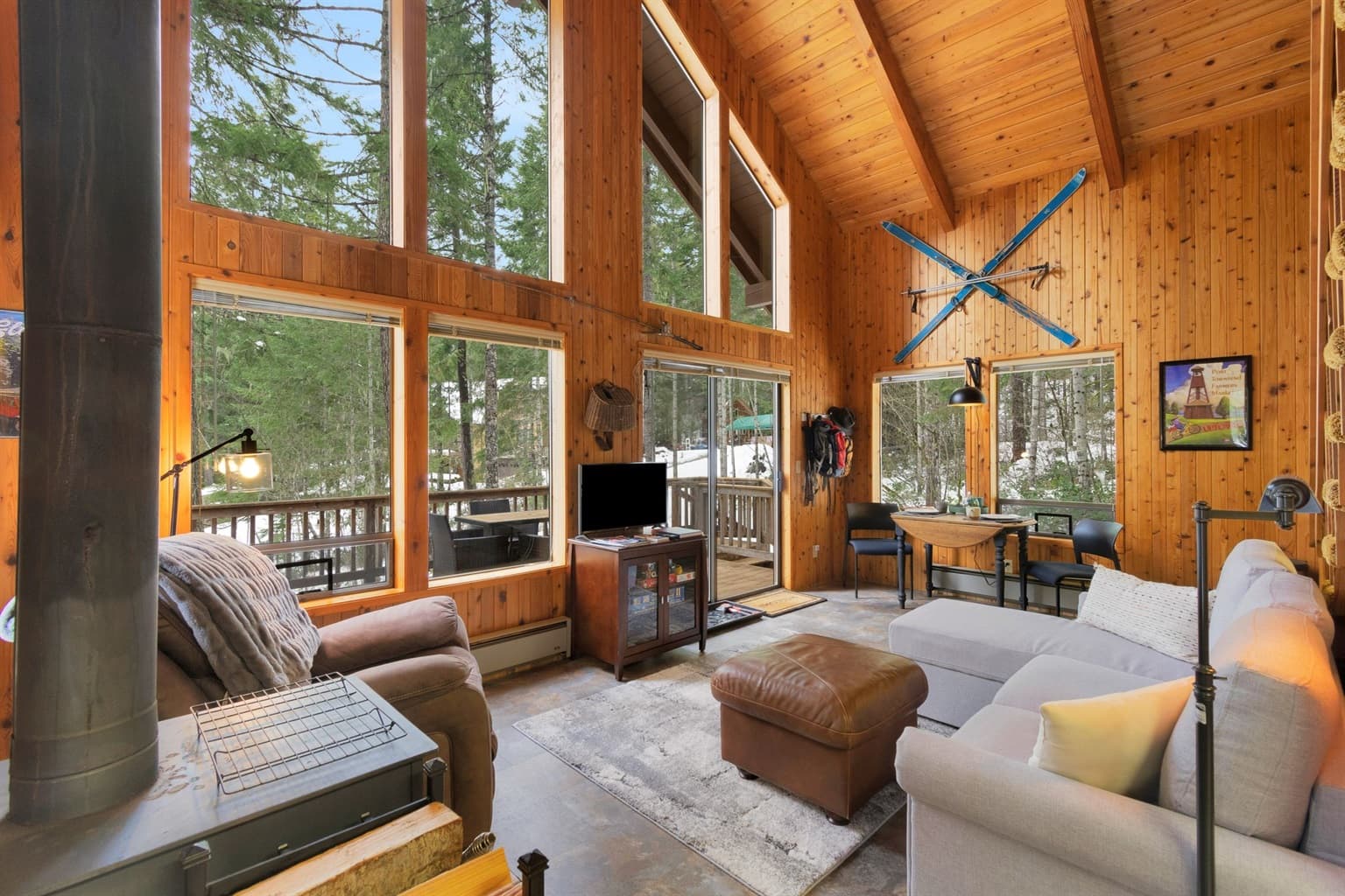 Cabin interior with big windows
